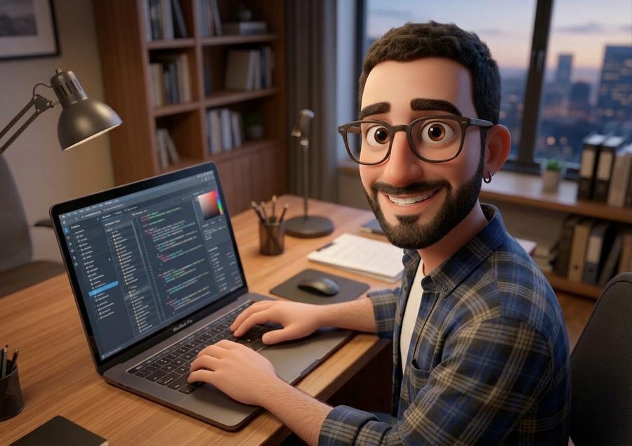 Özgün Bal working on a laptop