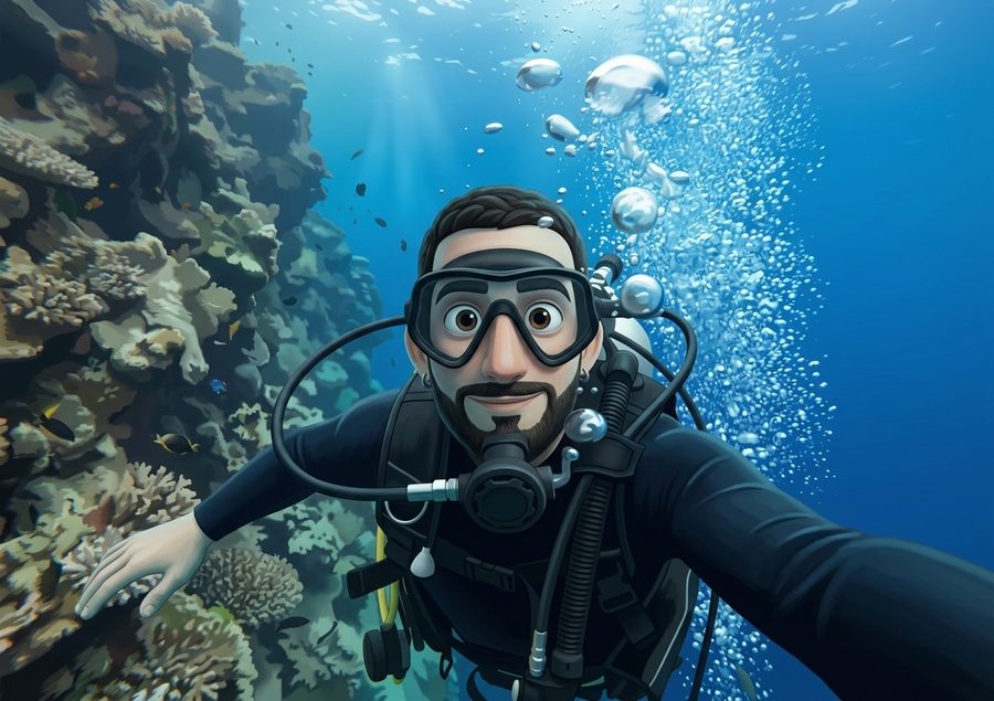 Özgün Bal scuba diving by a coral reef