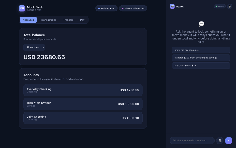 The agent receives 'move 50 from everyday checking to savings', switches to the Transfer screen, fills the form, submits it, then shows the updated balances.